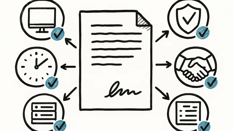Whiteboard marker sketch of a contract document surrounded by circled icons for support, security, response time, servers, and a handshake