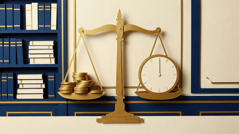 Paper-cutout illustration of brass scales of justice balancing a stack of gold coins against a clock face