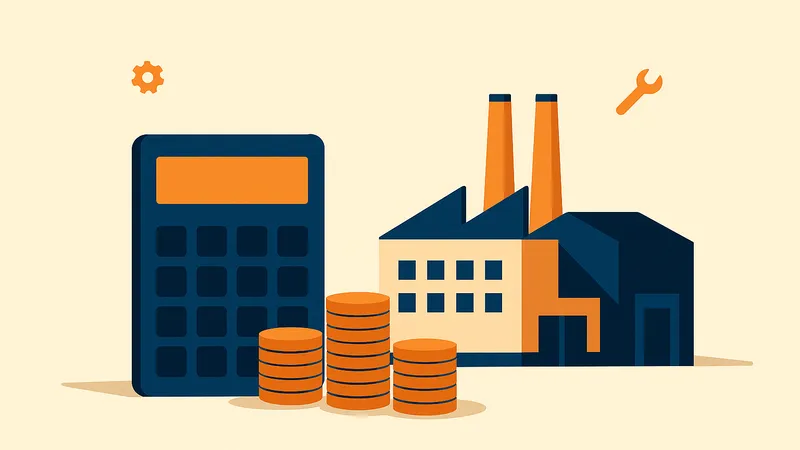 Flat vector illustration of a manufacturing plant with a large calculator and stacks of coins representing IT budgeting