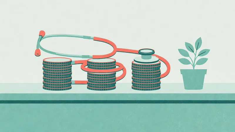 Risograph print of a stethoscope coiled around three stacks of coins on a clinic reception counter