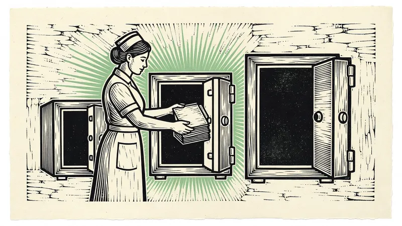 Linocut print of a nurse filing a folder into one of three sturdy safes