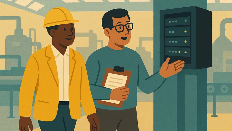 Flat illustration of a factory manager and an IT technician with a clipboard reviewing a network cabinet on a production floor