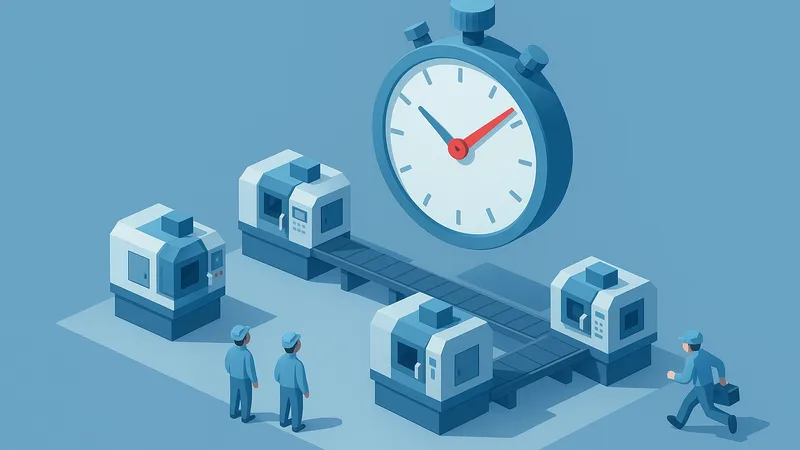 Isometric illustration of a stopped factory line under a large stopwatch as a technician hurries in with a toolkit