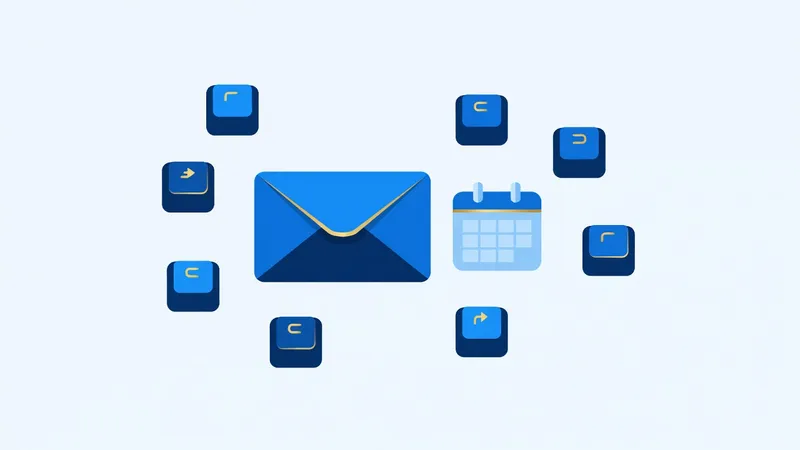 Outlook keyboard shortcuts cheat sheet illustration, email envelope and calendar with shortcut keys