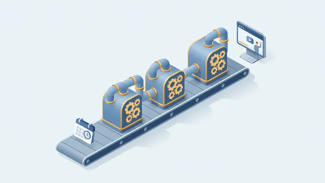 Isometric illustration of an automated line turning a calendar booking into a personalized video page