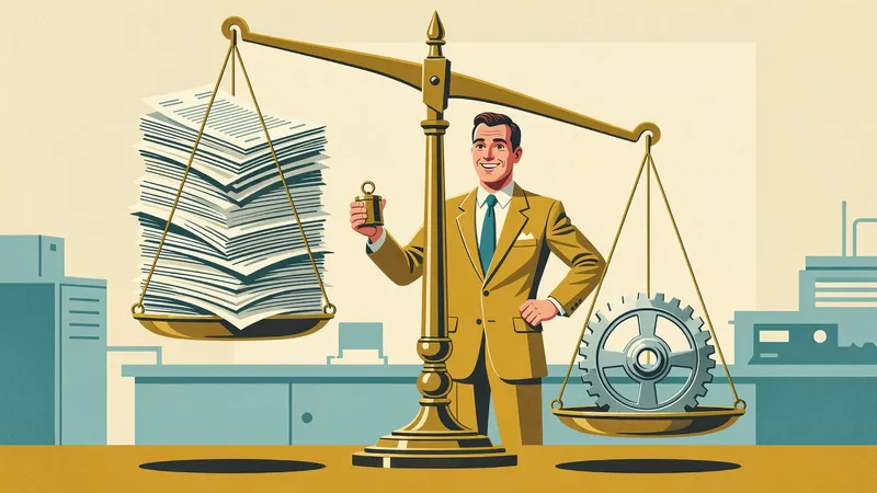 Mid-century illustration of a man weighing a stack of invoices against a single gear on a balance scale
