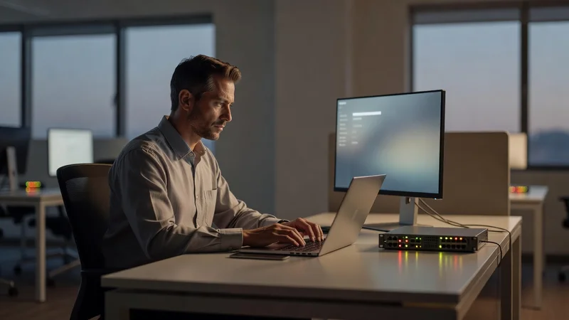 An IT technician calmly works at a desk with multiple monitors during an off-hours system migration