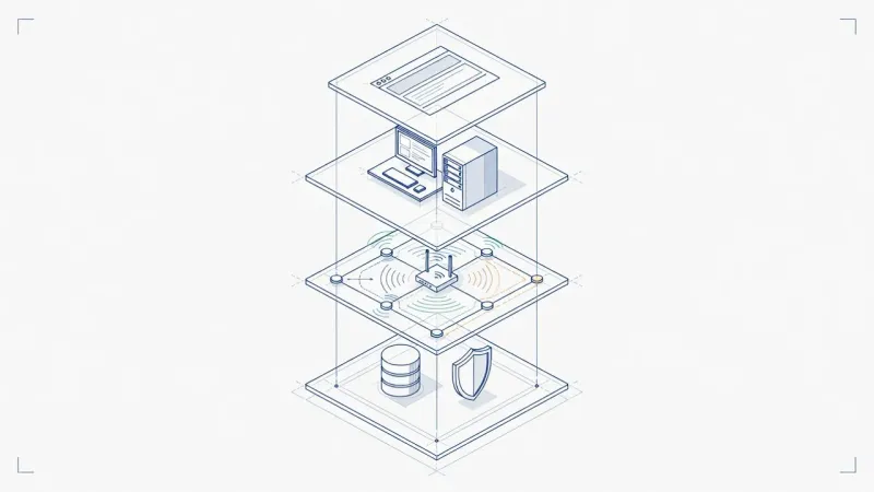Blueprint style line art of an exploded isometric stack showing an application above workstation, network, and backup layers