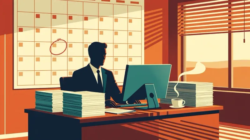 Retro poster style illustration of an accountant at a desk at golden hour with a wall calendar marked in red