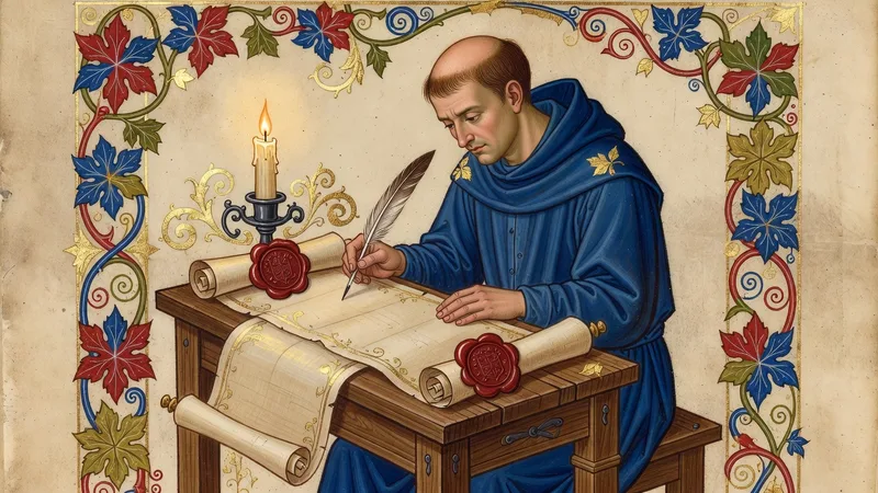 Illuminated medieval manuscript style illustration of a scribe studying a large contract scroll with wax seals by candlelight