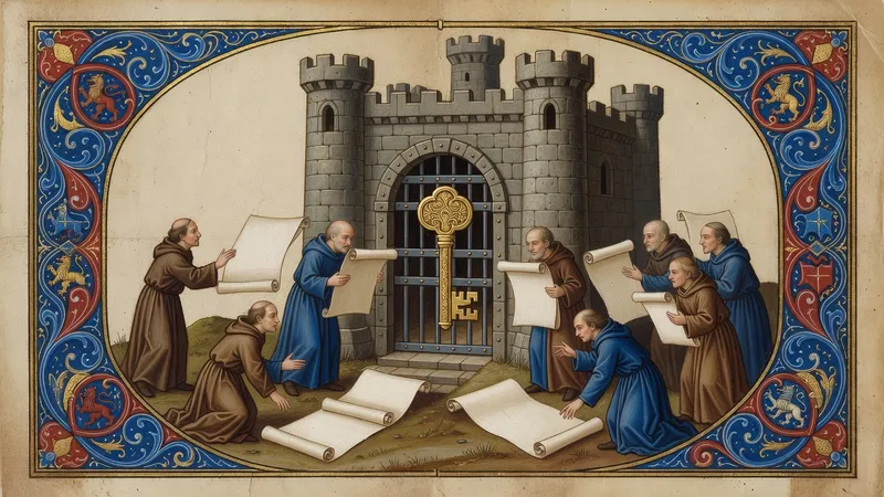 Illuminated manuscript of a golden key safe inside a castle vault while scribes hold blank scrolls