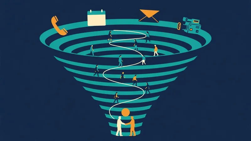Poster style illustration of a sales funnel with a phone, calendar, envelope, and camera at the top and a handshake at the bottom