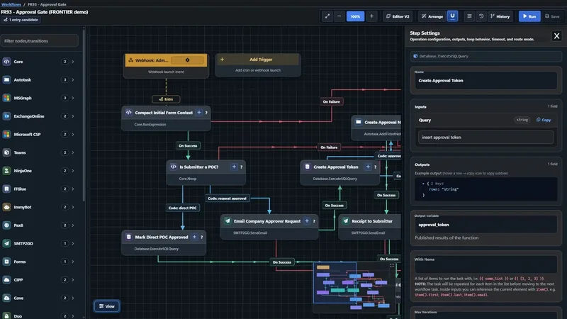 The W!FE visual workflow editor showing an approval workflow with connected steps