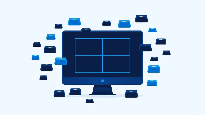 Windows 10 keyboard shortcuts cheat sheet illustration, desktop monitor with floating shortcut keys