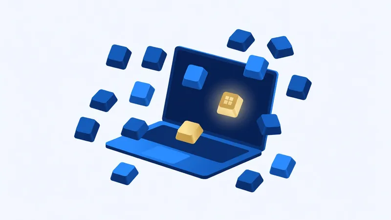 Windows 11 keyboard shortcuts cheat sheet illustration, laptop surrounded by floating shortcut keys