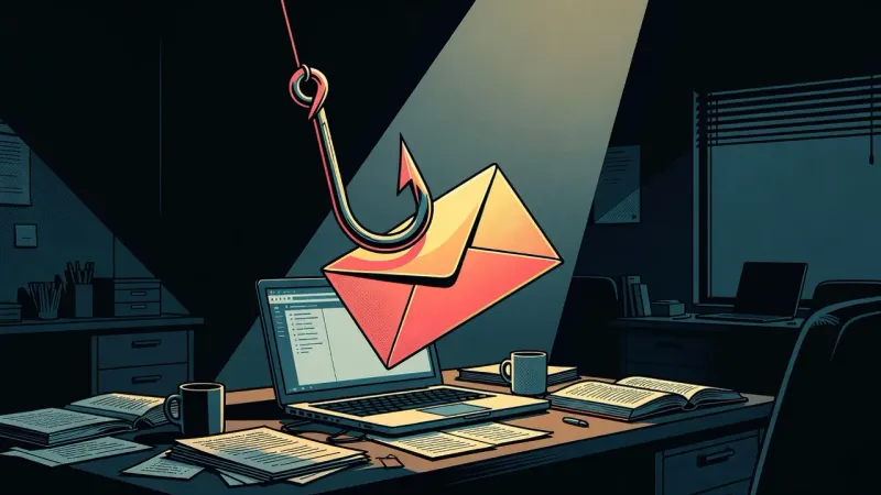Comic book style illustration of a fishing hook stealing a glowing email envelope from a laptop on an accountant's desk