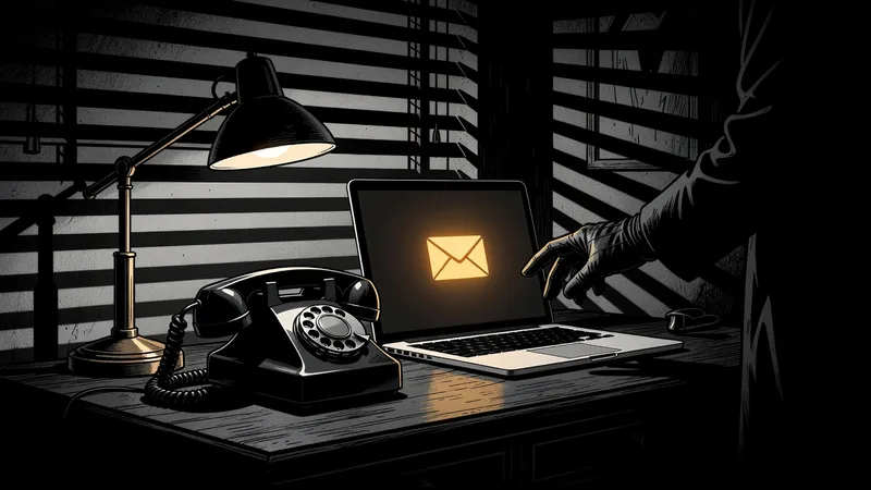 Film noir ink illustration of a rotary telephone in lamplight beside a laptop showing a glowing email envelope, with a shadowy gloved hand reaching from the dark