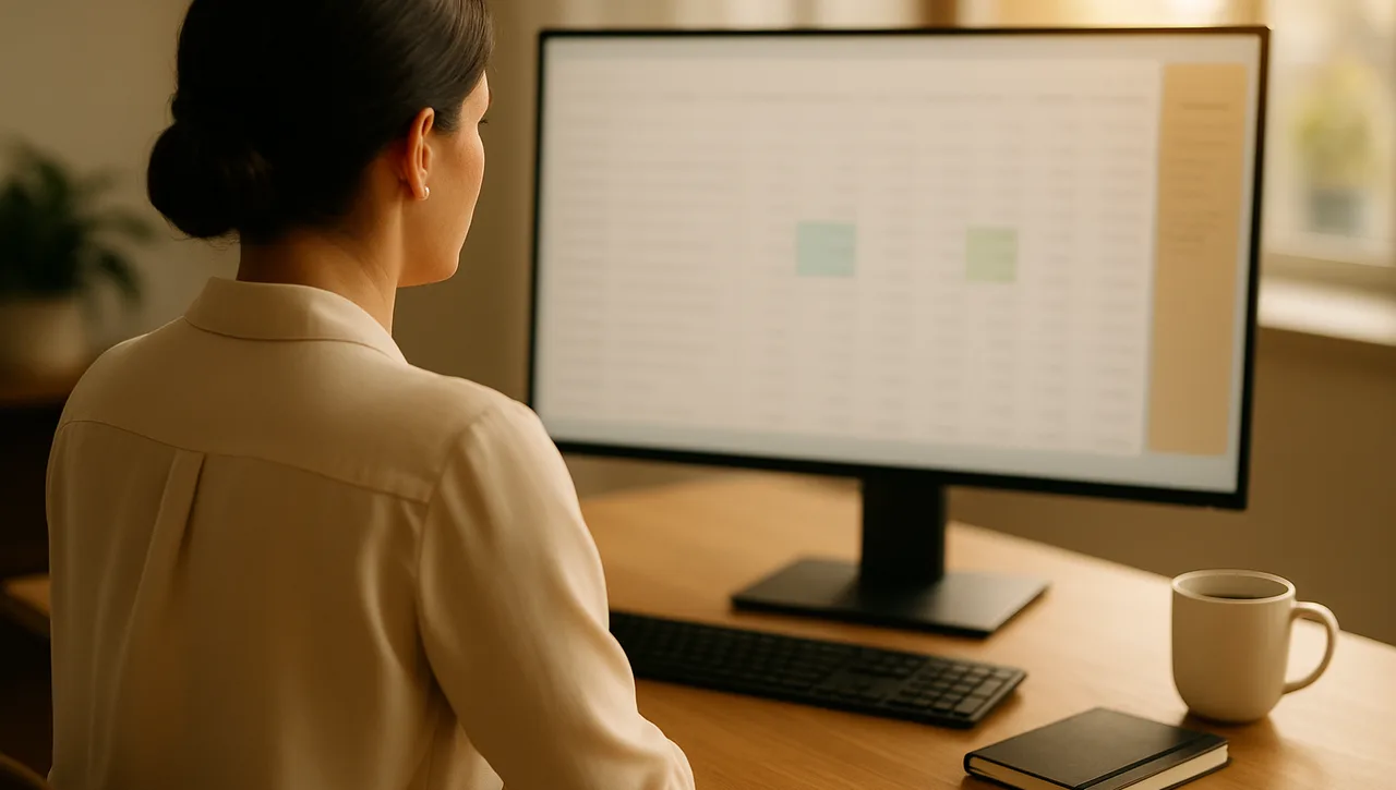 A businesswoman reviews a softly blurred spreadsheet on a monitor with an AI assistant sidebar panel