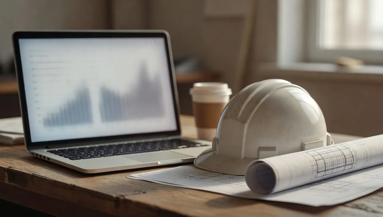 A construction office desk with a laptop showing an abstract AI dashboard, next to a hard hat and blueprints
