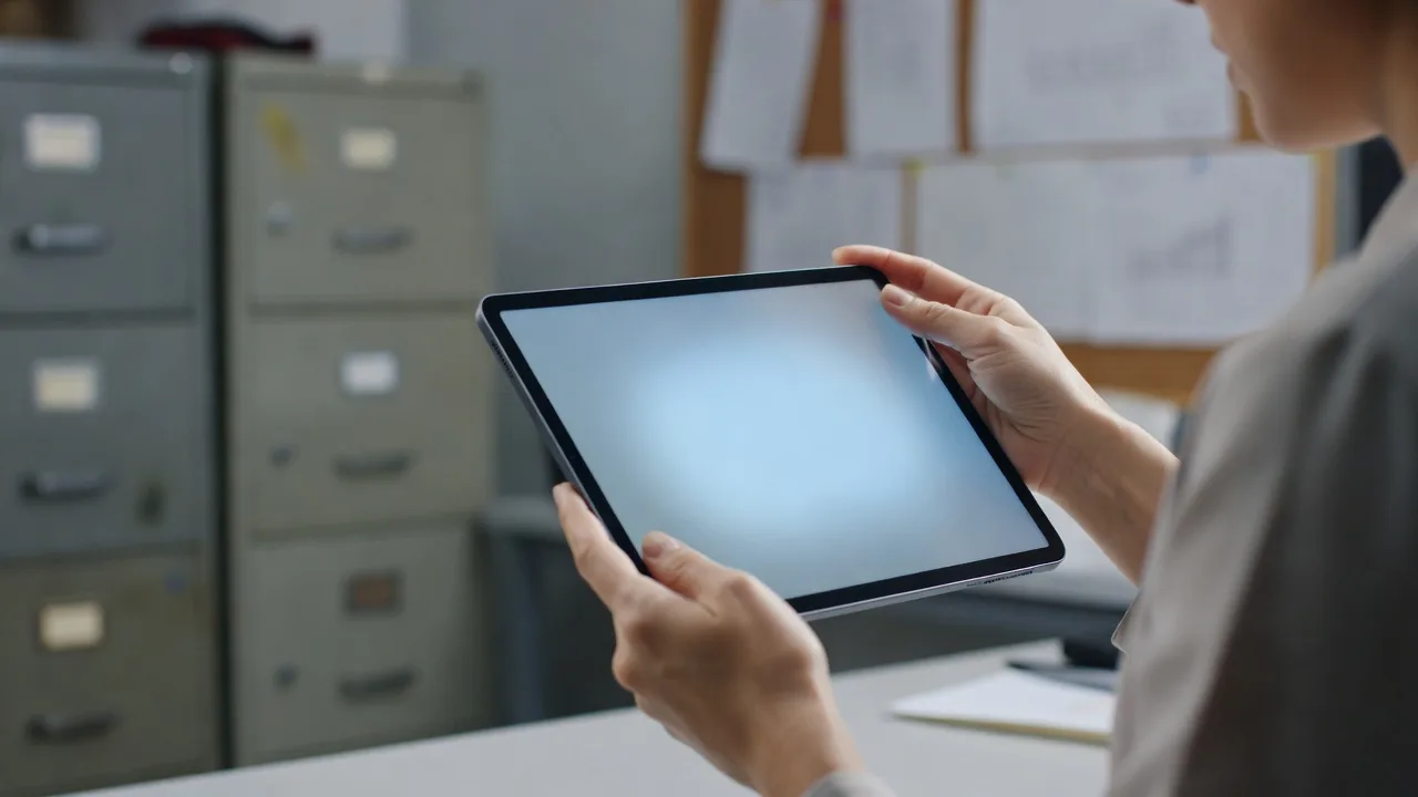 A construction office employee reviewing an invoice with an AI scanning overlay on a tablet