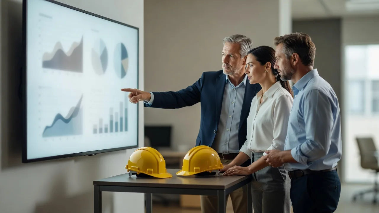 A construction team reviewing an AI drafted project report on a screen in a conference room