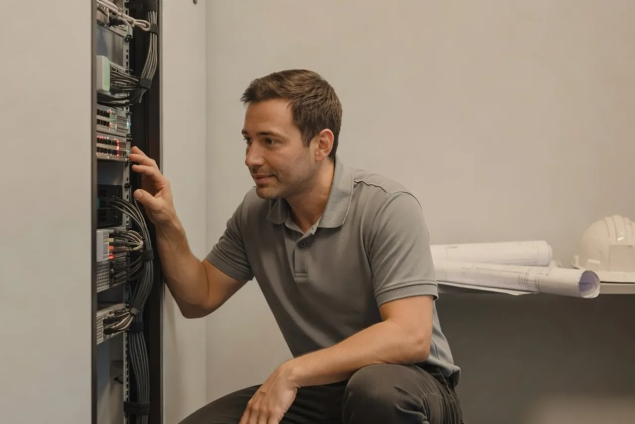 An IT technician checks an open server rack in a small server room, with rolled construction blueprints and a white hard hat on a shelf nearby