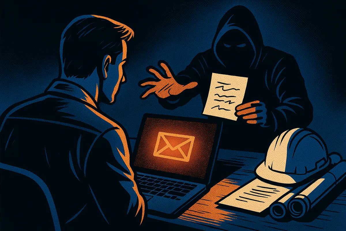 Comic art of a construction office manager at a laptop as a shadowy hooded figure holds out an invoice, with a hard hat and blueprints on the desk