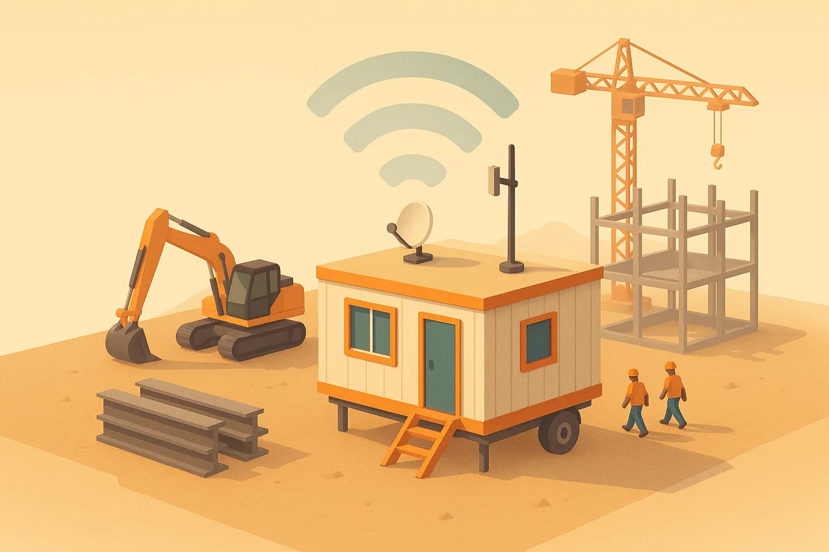 Isometric illustration of a jobsite trailer with a cellular antenna and satellite dish on the roof and Wi-Fi signals above, with a crane and framed building behind