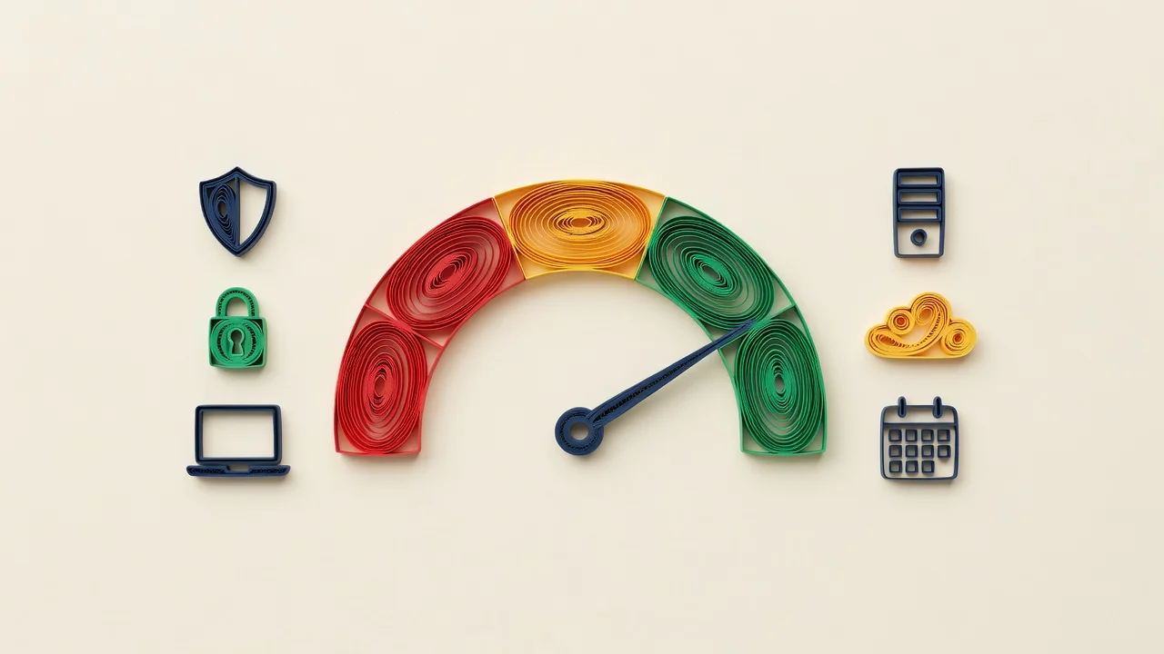 Paper quilling artwork of a health gauge with its needle in the green, surrounded by shield, padlock, laptop, server, cloud, and calendar icons