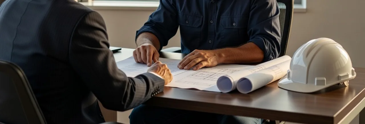 A construction company owner and an insurance broker review a printed application at a desk beside a white hard hat and rolled blueprints
