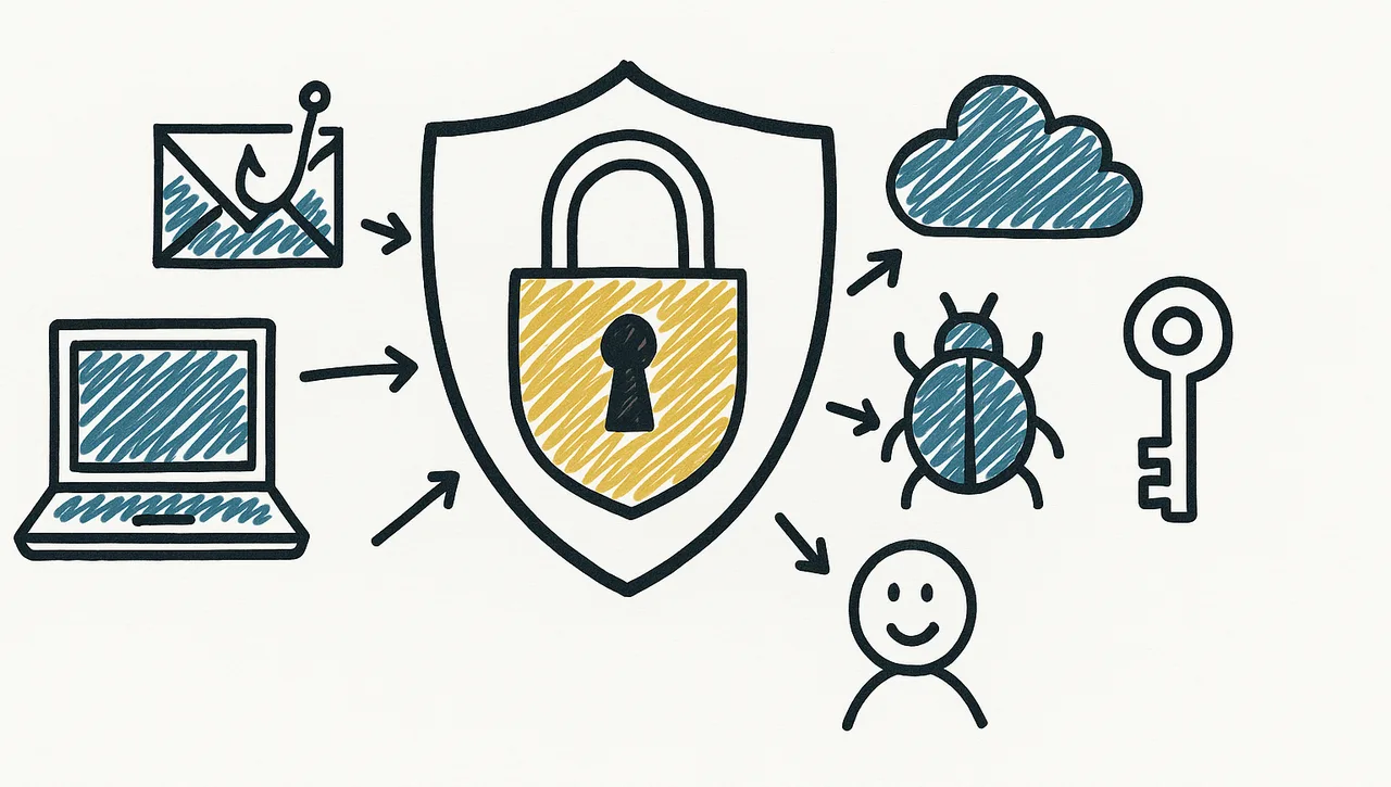 Whiteboard marker sketch of a shield and padlock surrounded by friendly security doodles