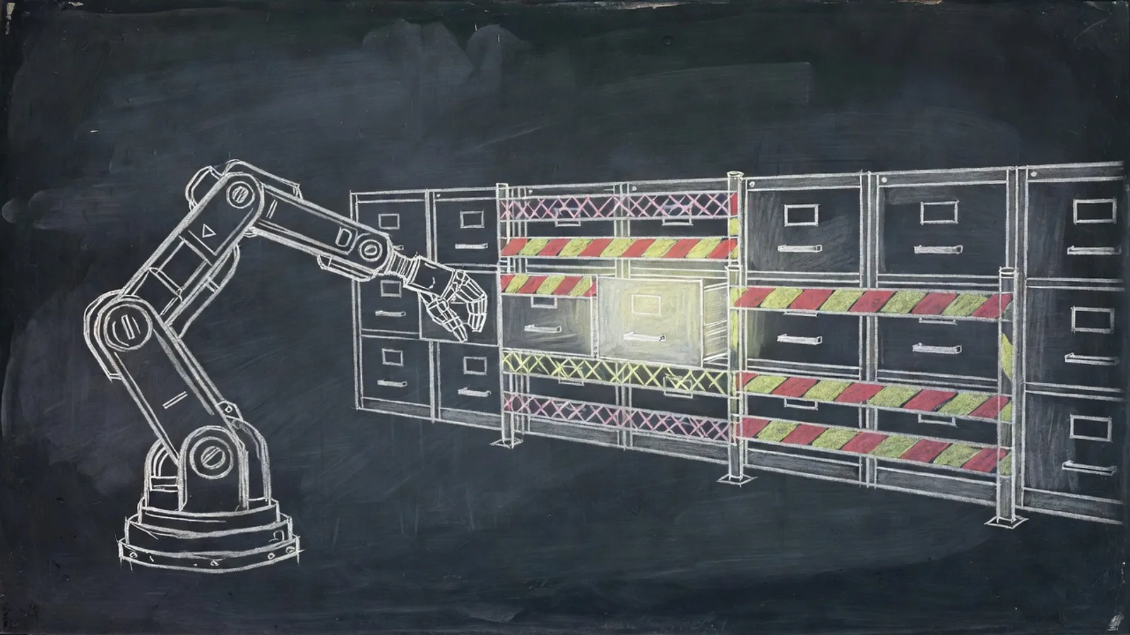Chalkboard style illustration of a robot hand reaching toward filing cabinets while chalk warning fences surround the important drawers