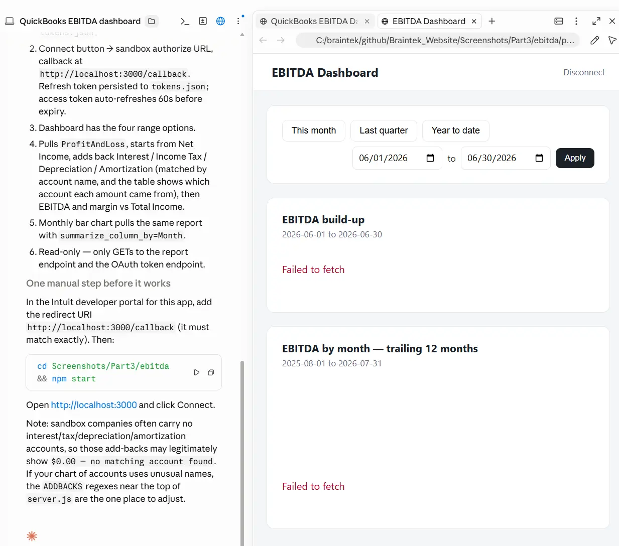 Claude Code's build summary next to the dashboard preview, with the panels showing a failed to fetch error