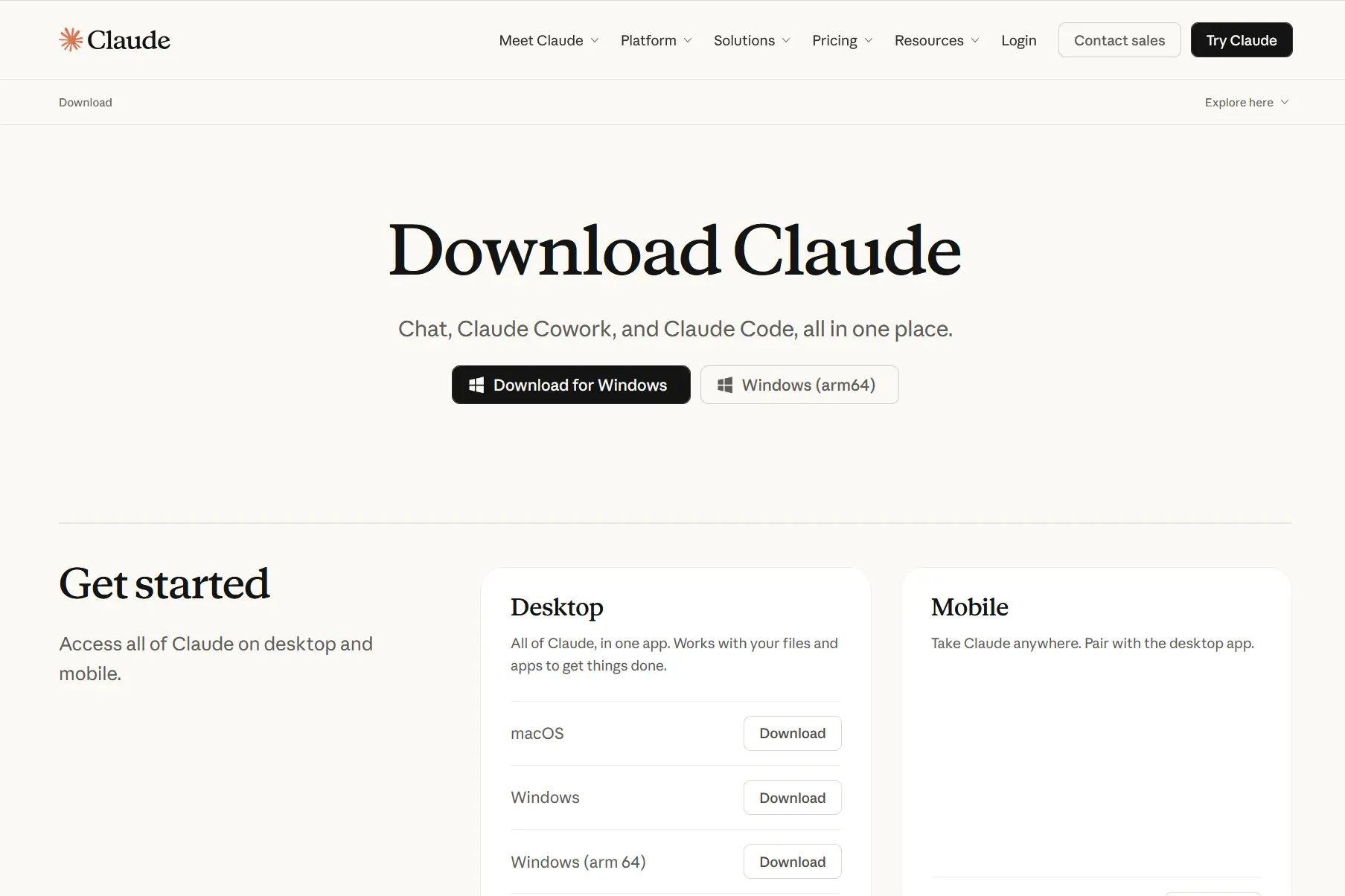 The Claude download page, with the desktop app for Windows and macOS