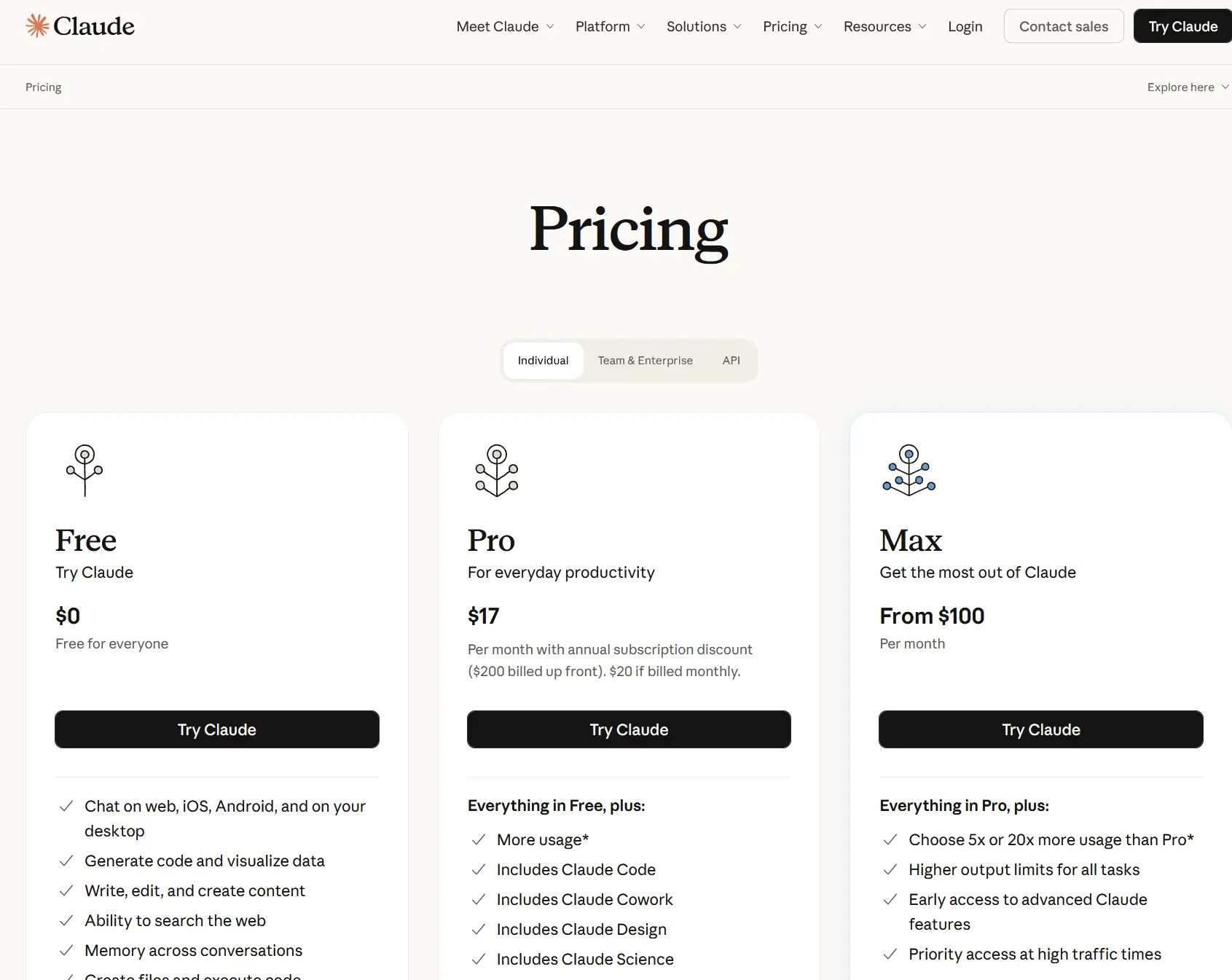 Claude's pricing page, Pro includes Claude Code