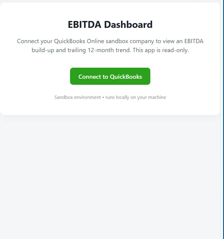 The dashboard's landing page with the Connect to QuickBooks button