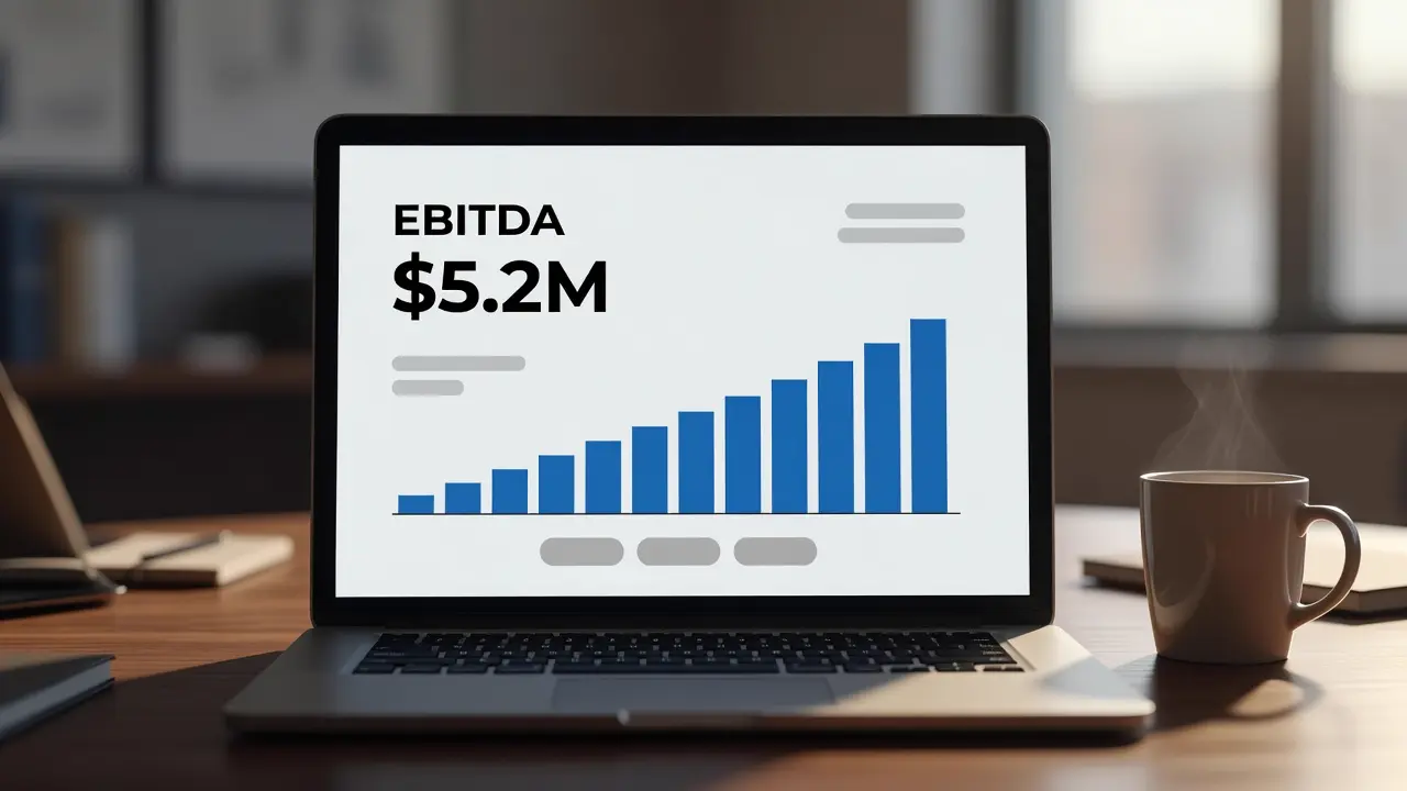 A laptop showing a simple EBITDA dashboard with a large EBITDA figure and an upward-trending bar chart