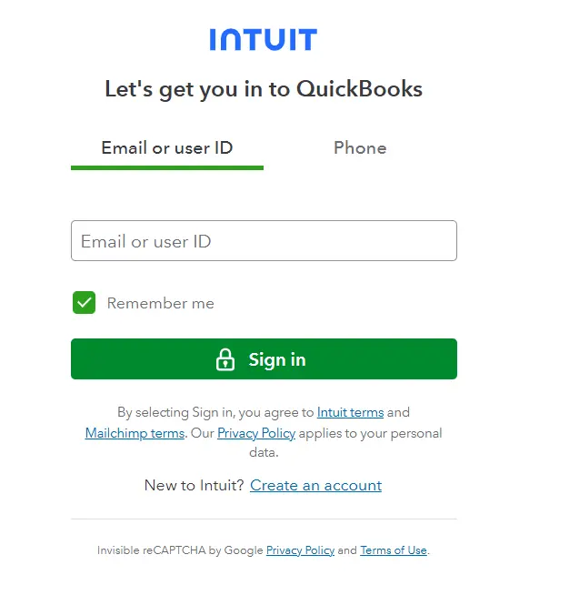 The Intuit sign-in screen that opens when you click Connect