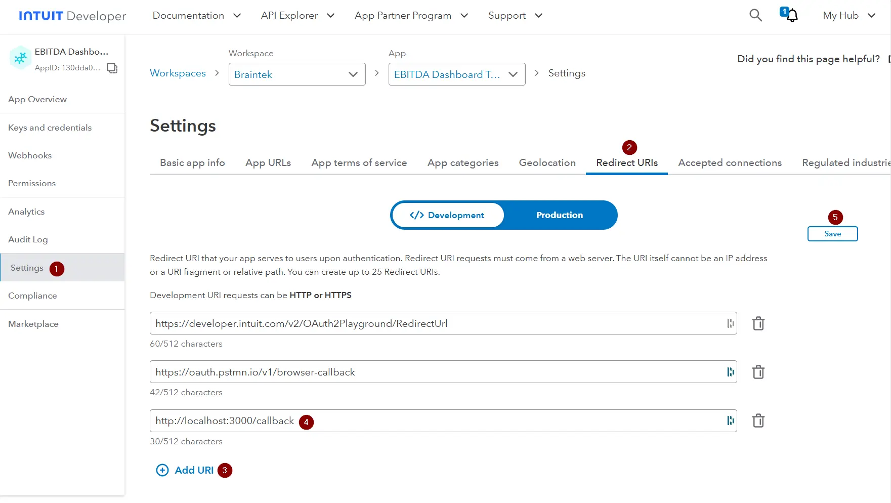 The Redirect URIs screen with the localhost callback address added alongside the existing entries, and the Save button