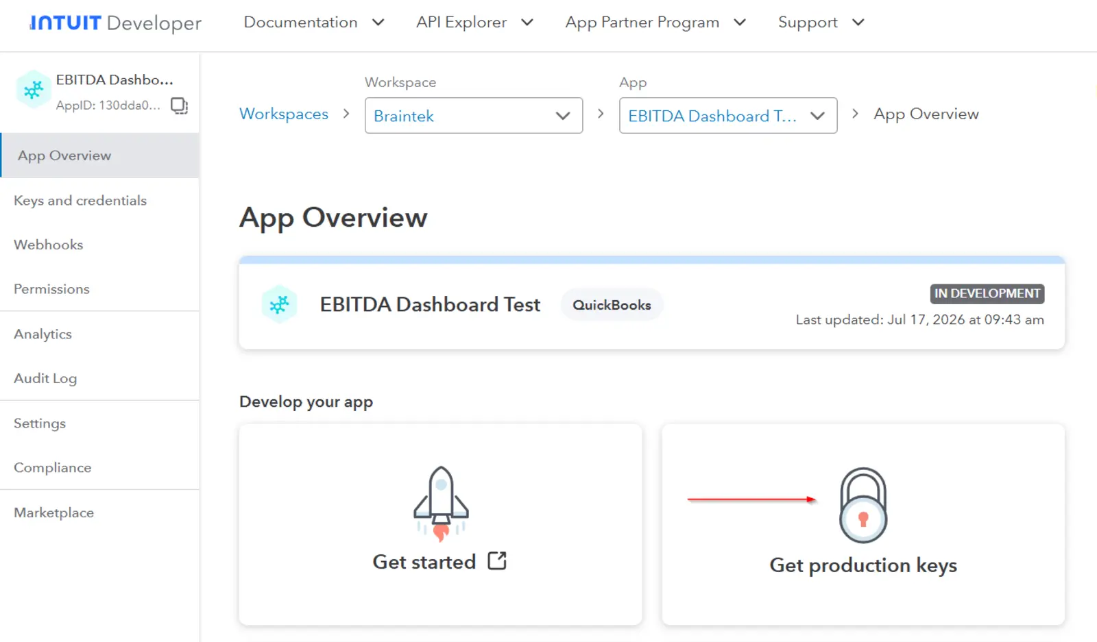 Intuit's Keys and Credentials page with the Get production keys panel