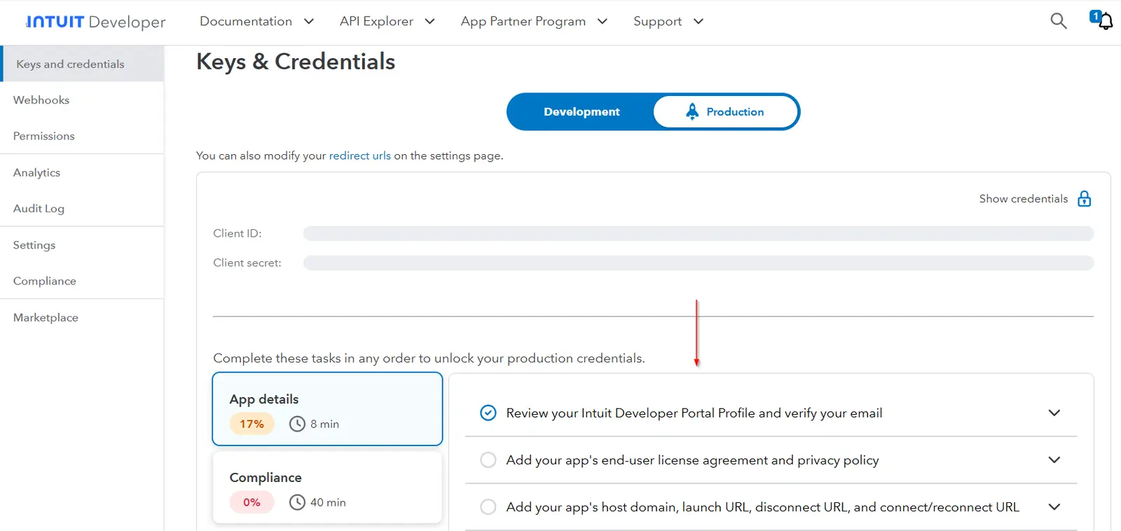 Intuit's Required Steps checklist showing App details and Compliance incomplete