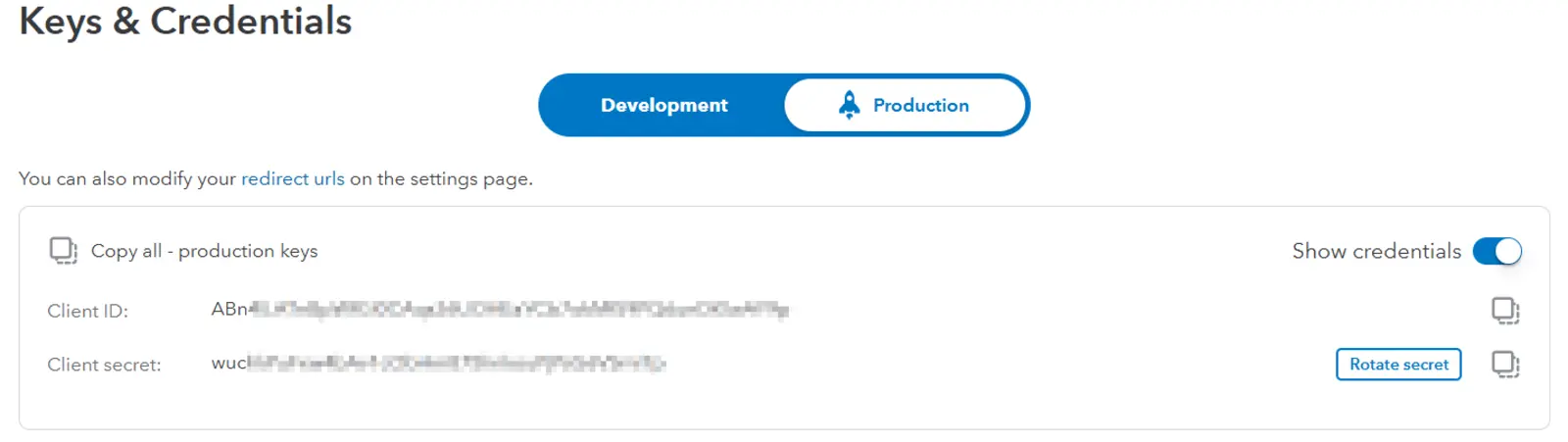 Intuit's production Client ID and Client Secret revealed on the Keys and Credentials page
