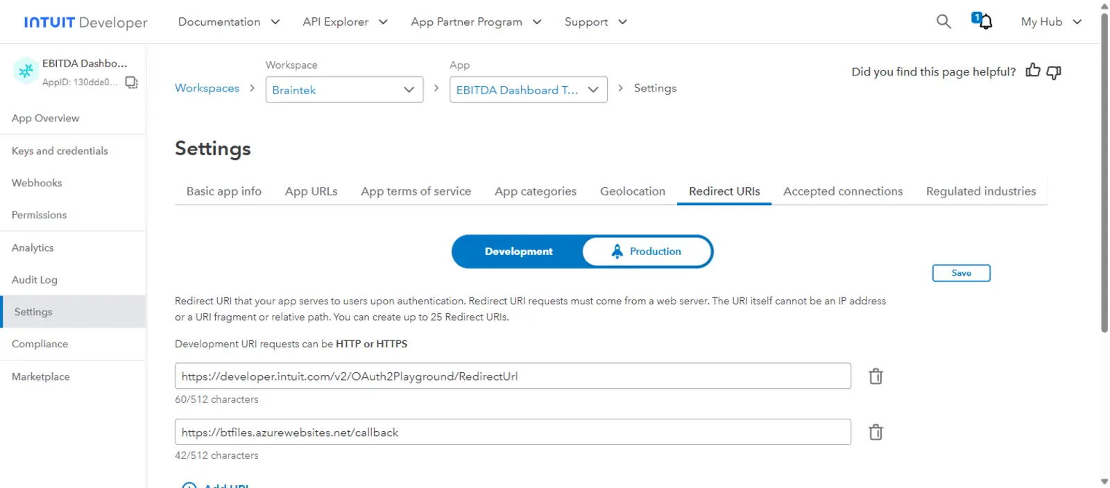 The redirect URI list showing only test and localhost entries, missing the real production callback