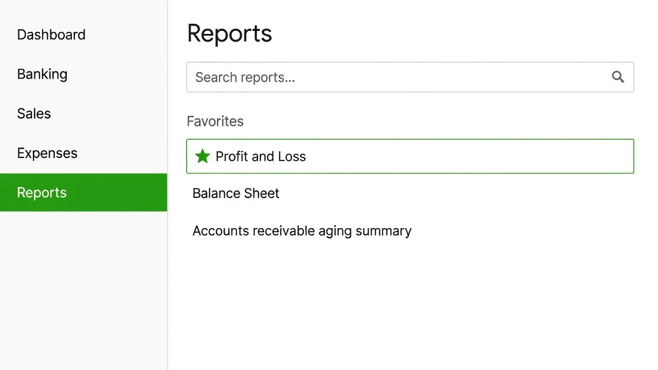 The Reports menu in QuickBooks Online with Profit and Loss highlighted
