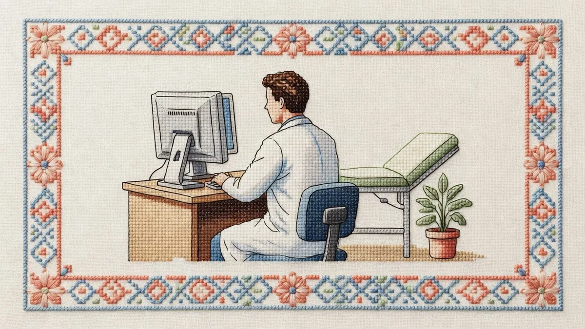 Cross-stitch embroidery of a doctor working at a computer in an exam room, seen from behind