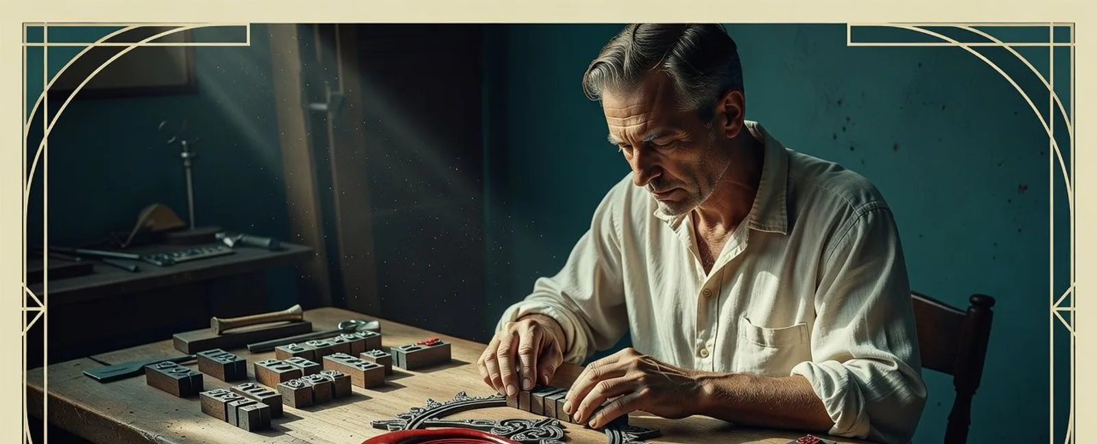 Vintage cinematic illustration of a craftsman at a workbench composing an ornamental seal emblem from stamp blocks