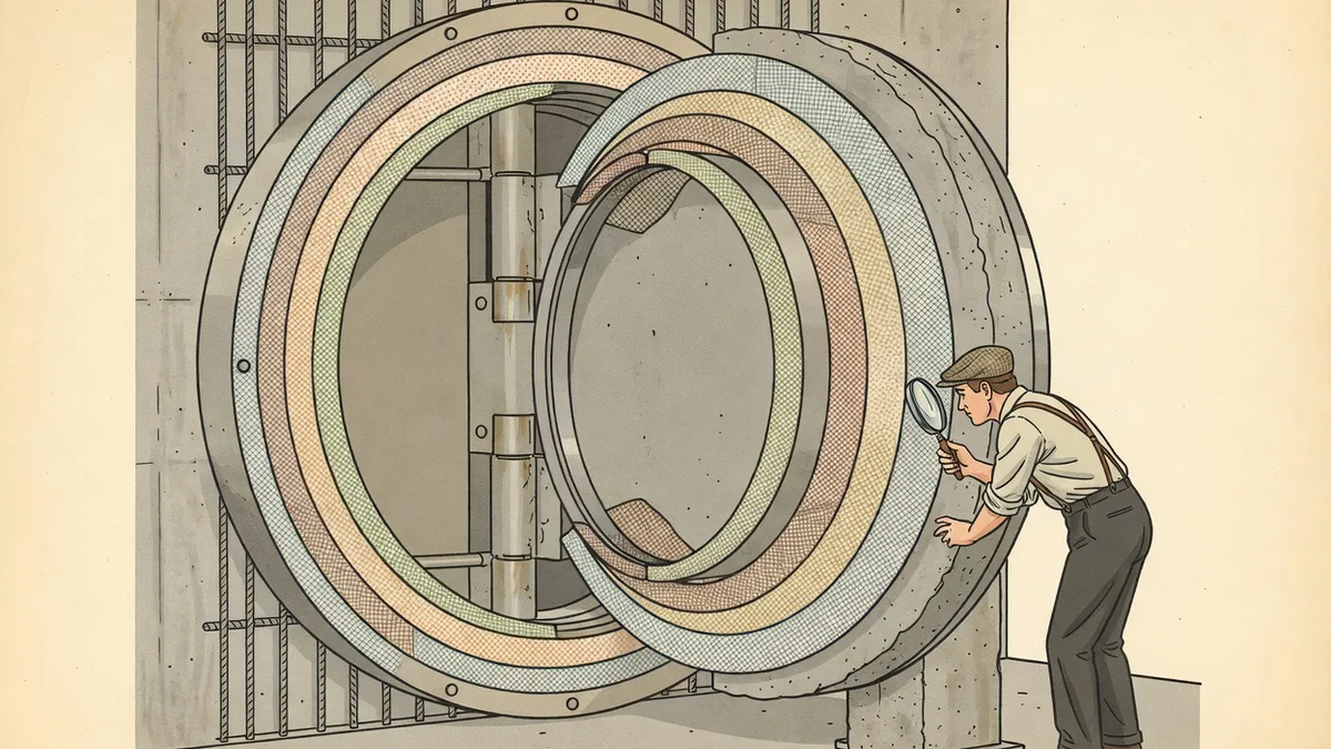 Vintage technical cutaway illustration of a bank vault door opened to reveal seven concentric protective layers, with a draftsman inspecting them through a magnifying glass