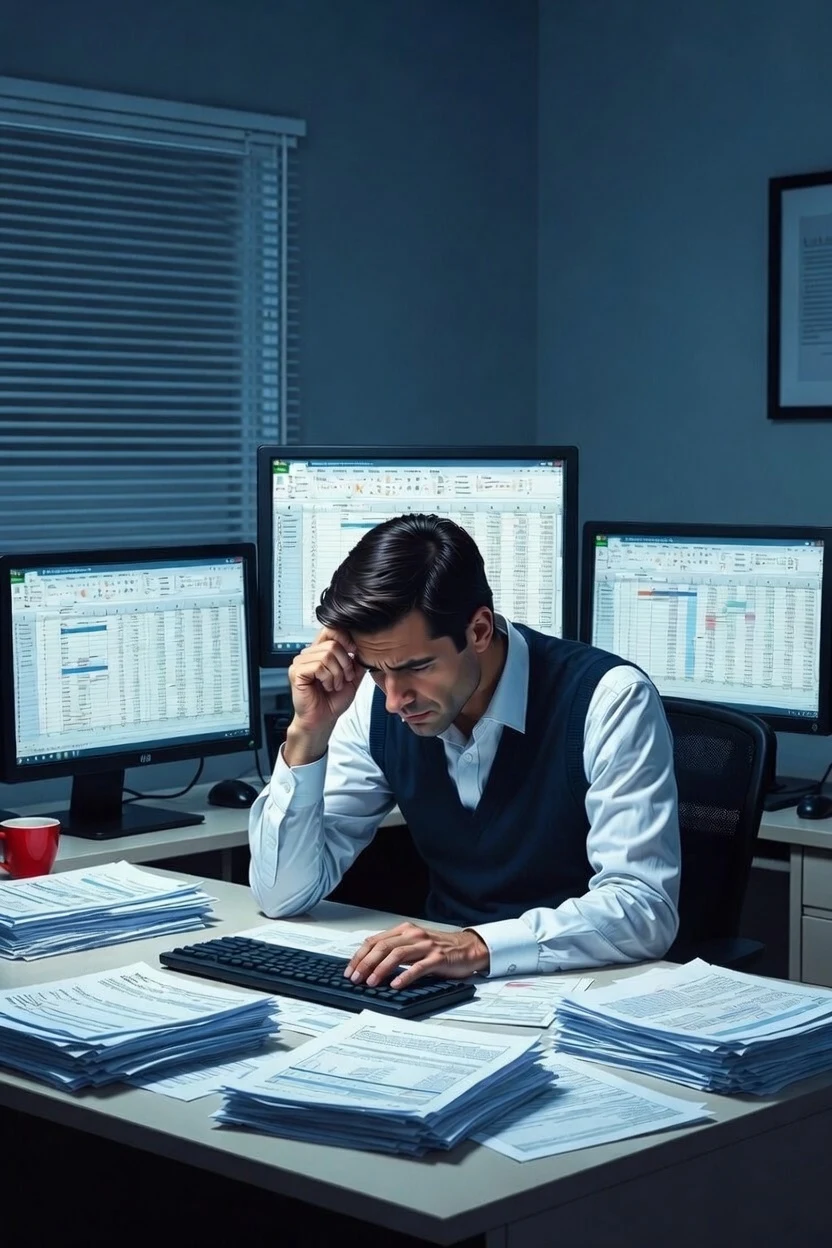 A finance manager worn out from rebuilding the same Excel report by hand at a desk piled with printouts