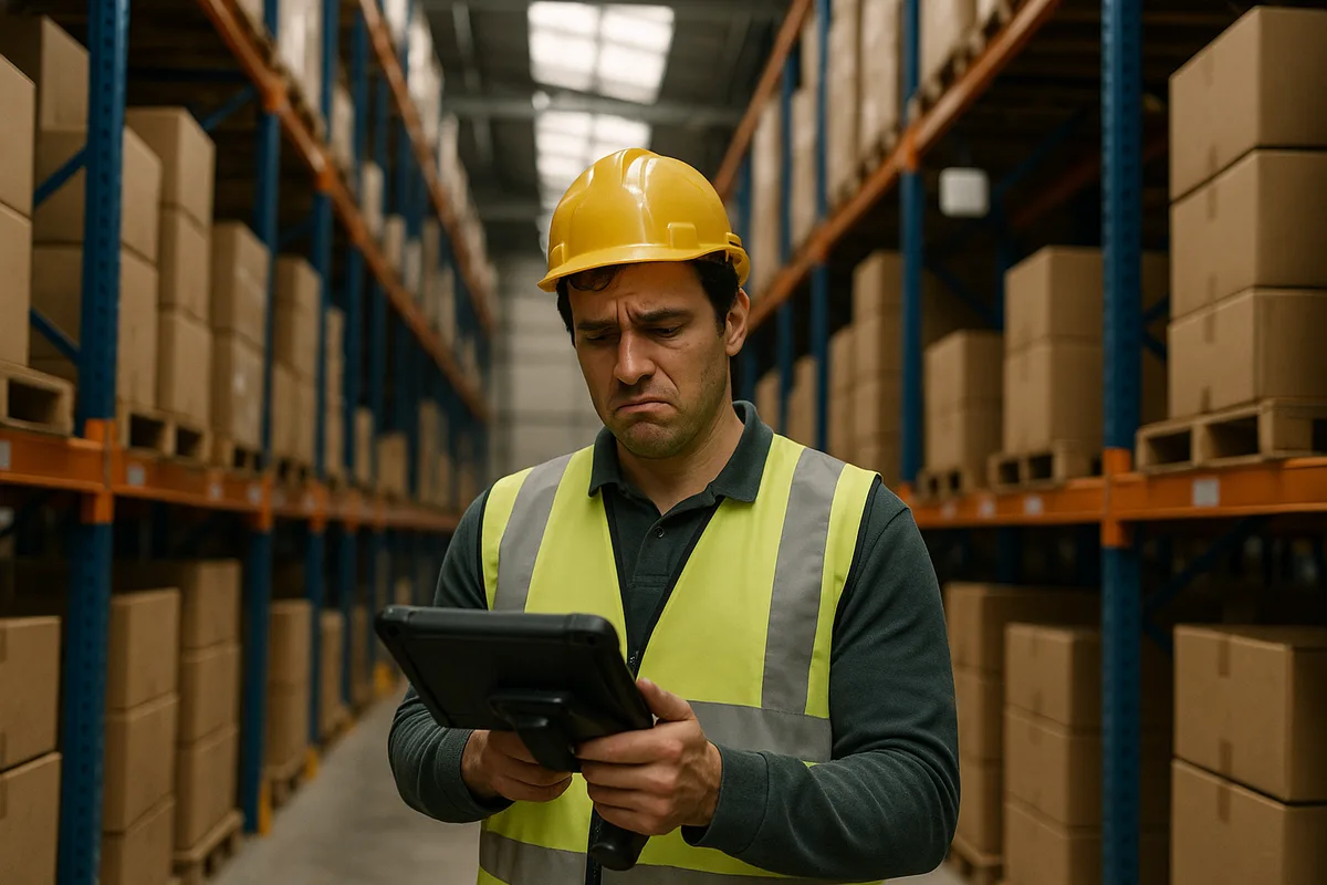 A warehouse worker in a safety vest checks a rugged scanner in a racking aisle with a wireless access point mounted on a beam above