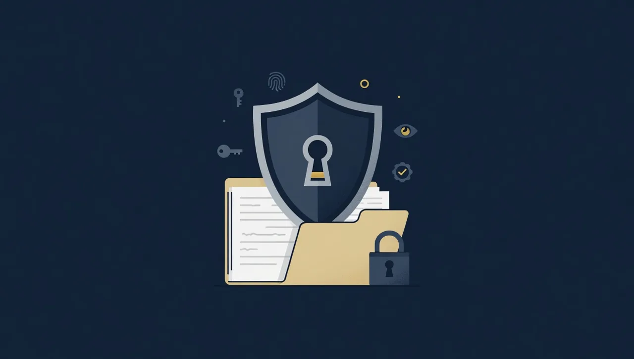 Minimalist flat illustration of a shield with a keyhole guarding a folder of financial documents, with padlock, key, fingerprint, and checkmark icons